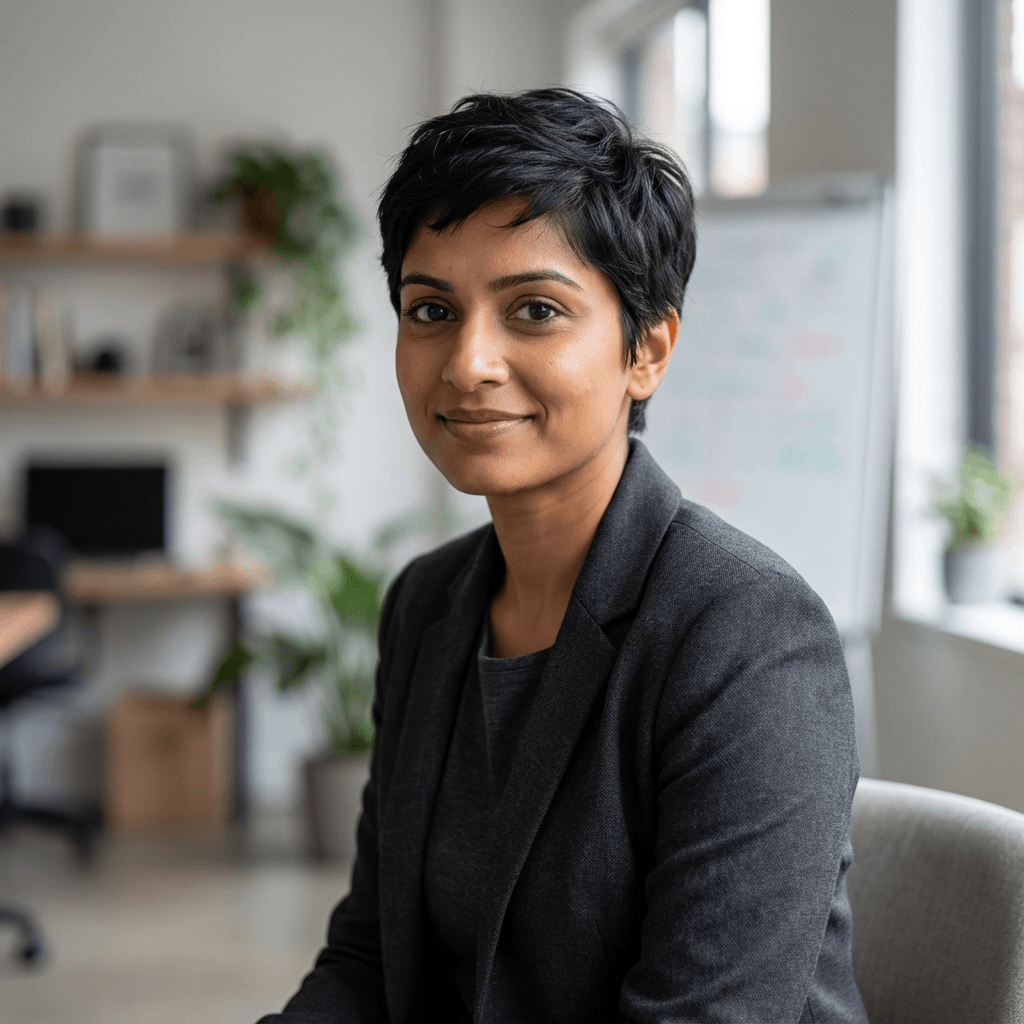 Female office manager in her early 40s, South Asian, in a modern office