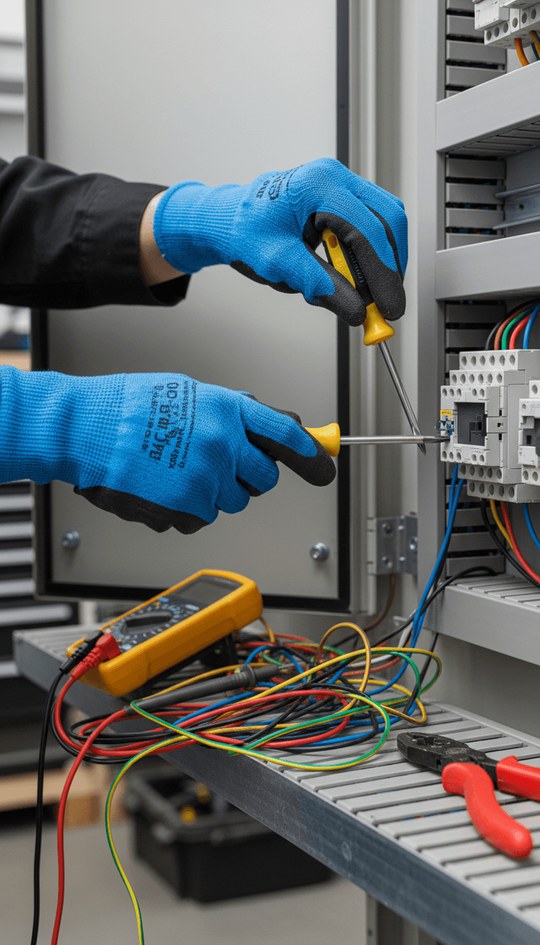 Electrician's hands working on an electrical panel with tools