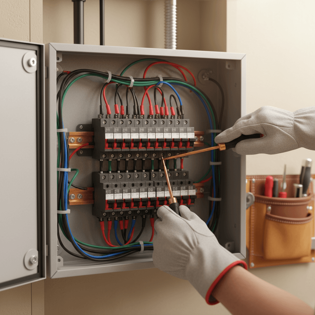 Close-up of hands installing a circuit breaker in a residential electrical panel