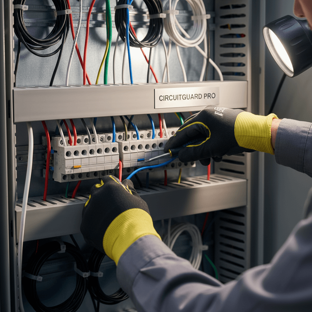 Close-up of an electrician's hand securing a wire in a residential panel, highlighting safety and code compliance