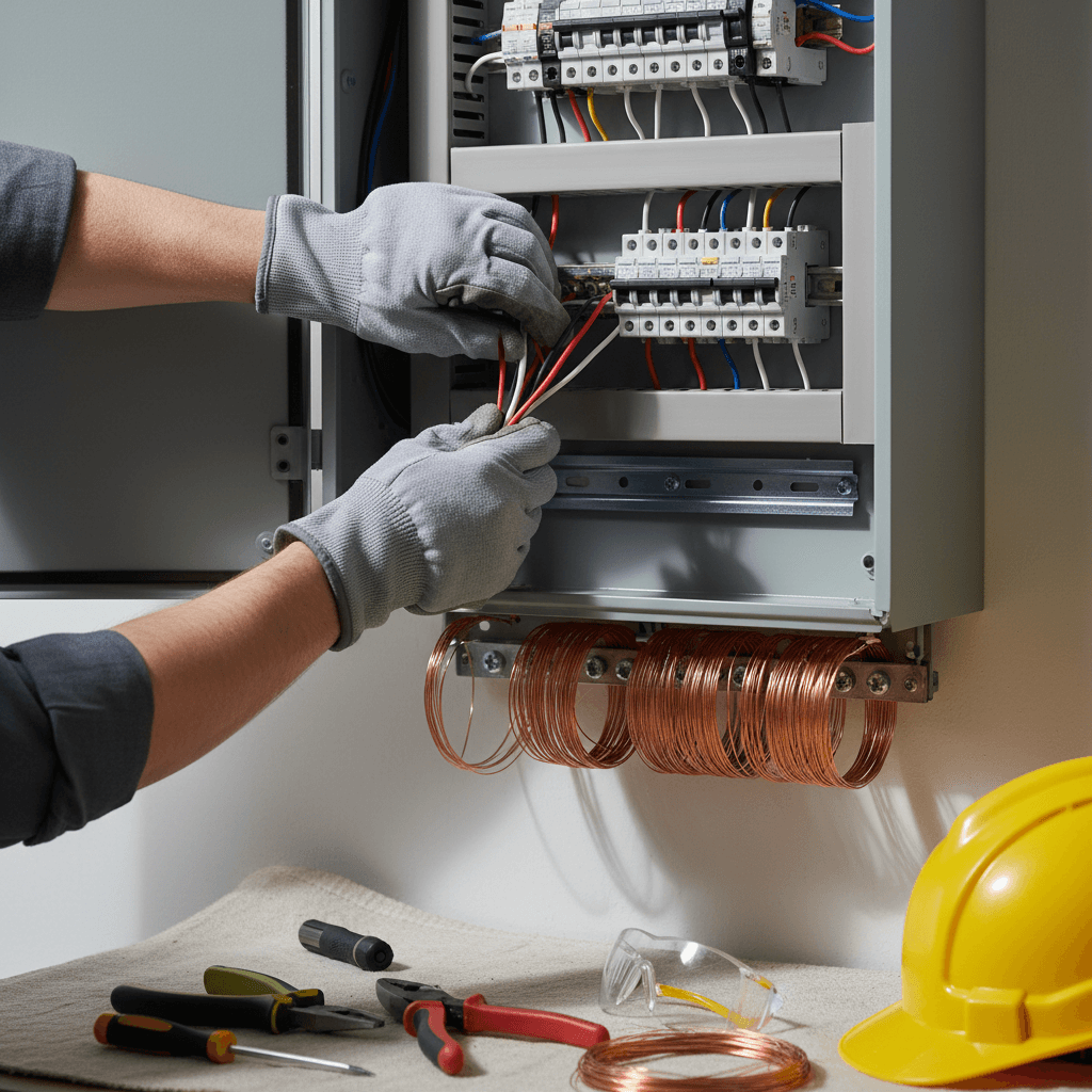 Electrician securing wire in an electrical panel in Toronto