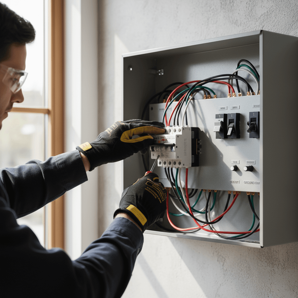 Electrician's hands working on a modern electrical panel in a home